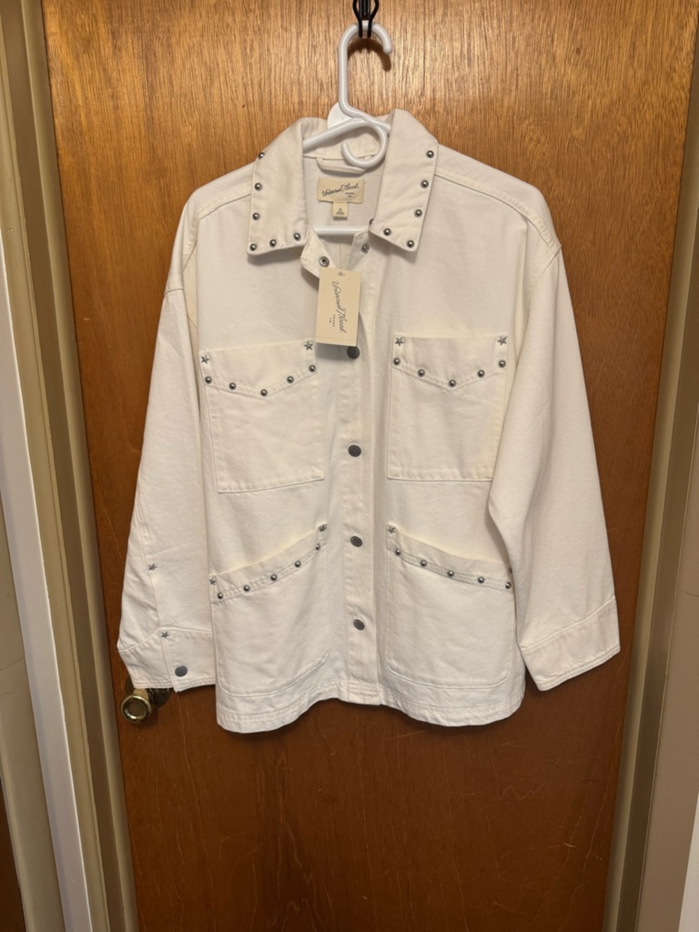 Sz XS oversized, white denim, universal thread women’s studded chore coat. NWT